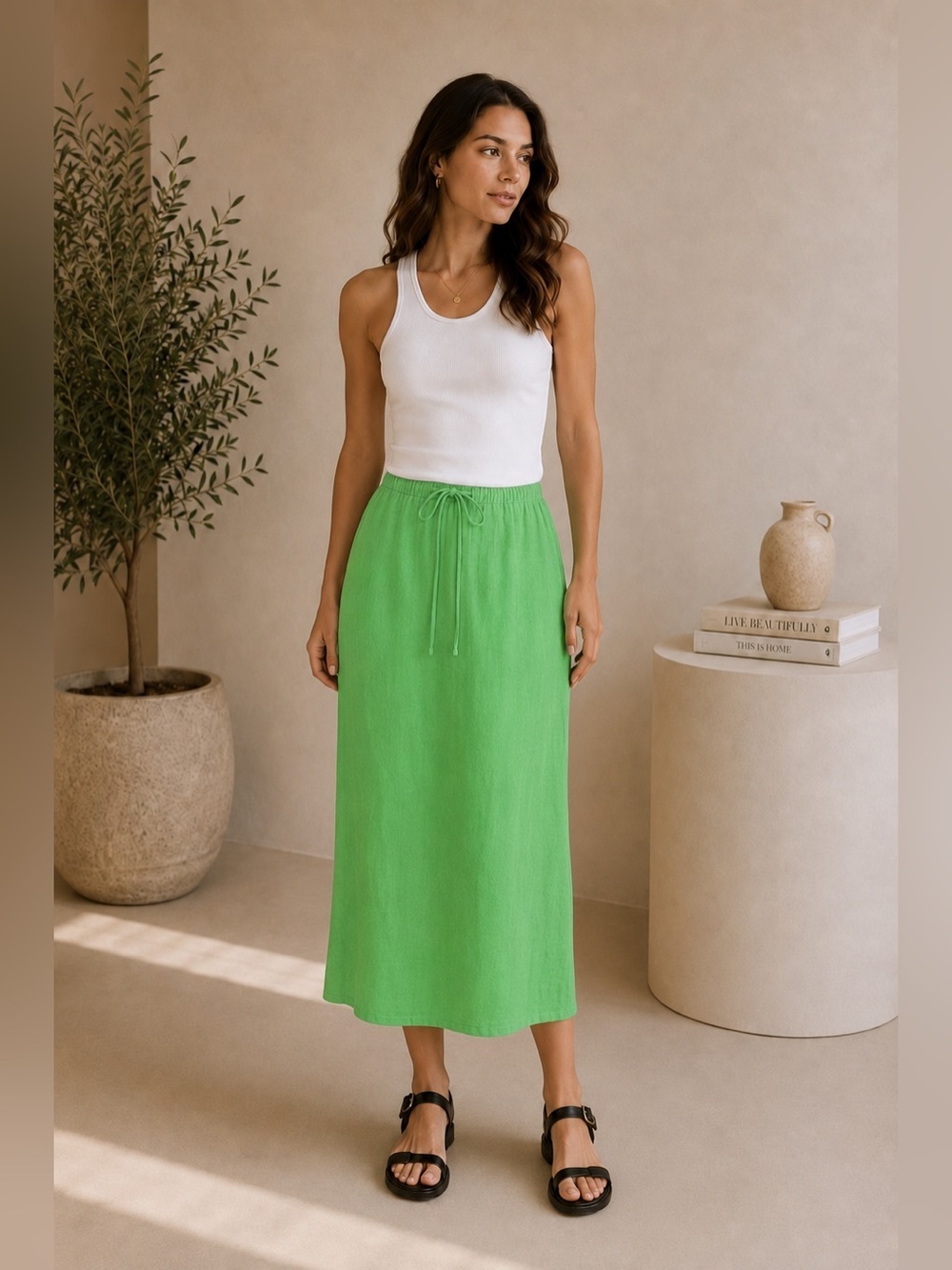 Women’s Green Linen Blend Midi Skirt Drawstring Elastic Waist Flowy Casual L